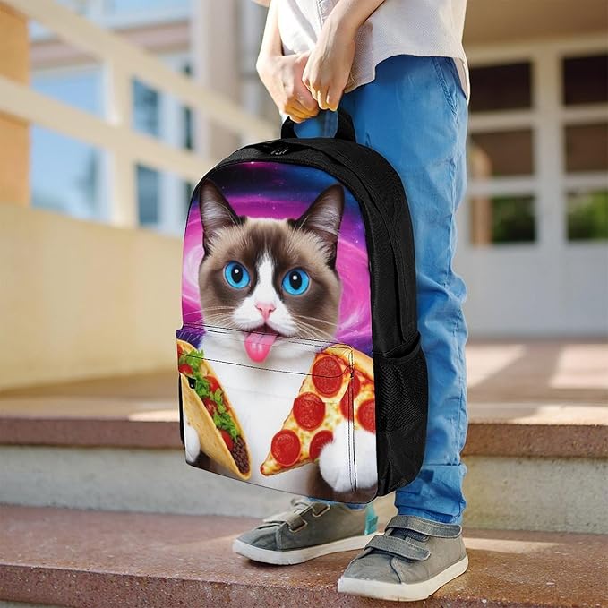 Supdreamc Polyester Daypack for Hiking Work Running, Big Capacity Anti-Theft Multipurpose Shoulder Bag, Funny Cute Galaxy Cat Taco Pizza Travel and Sport Backpack Rucksack