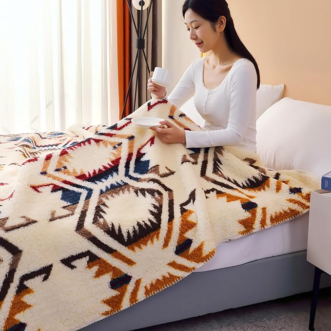 UKELER Boho Sherpa Throw Blanket 60'' × 80'', Sherpa Fleece Blanket for All Season, Southwestern Aztec Throw Blanket, Native American Cozy Blanket for Bed/Couch/Sofa/Office/Camping