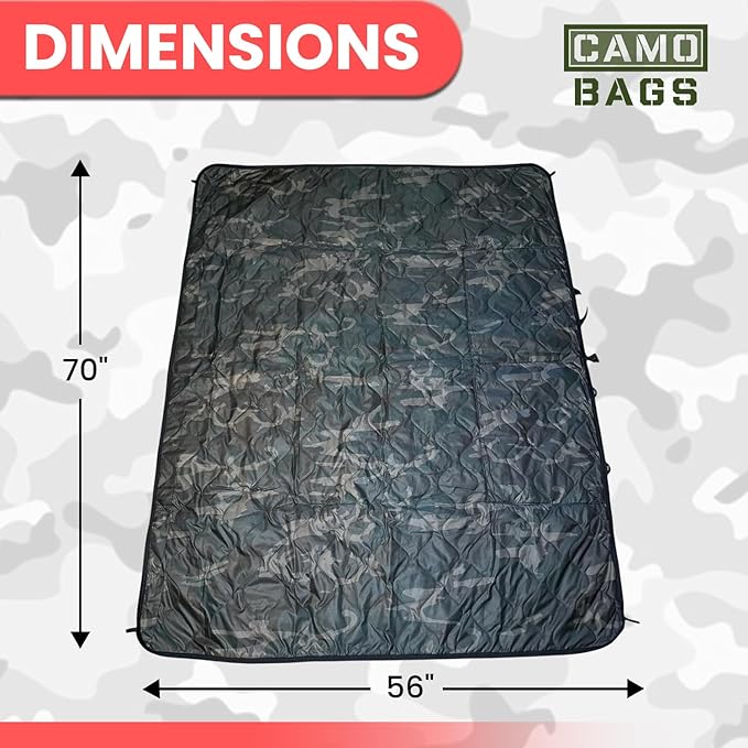 Outdoor Packable Camo Blanket - 1000D Polyester Interior & RIPSTOP Fabric Exterior Blanket with Adjustable & Removable Carrying Strap - Front, Back Storage Pocket - Ideal for Camping & Outdoor Use