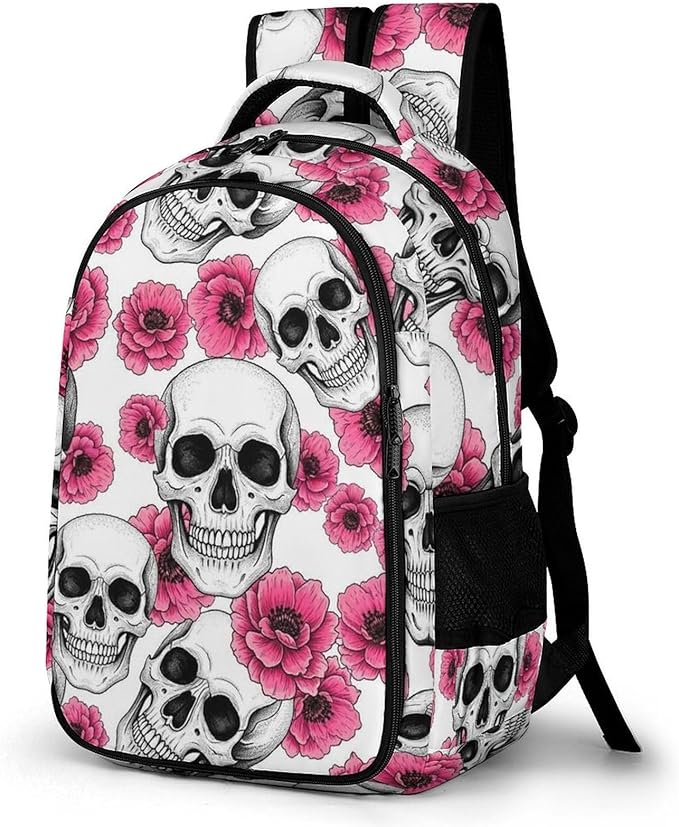 Lightweight Travel Daypack Pink Flowers Sugar Skulls, Cute Laptop Backpack with Tumbler Holder for Women Nurse Teacher Work Hiking