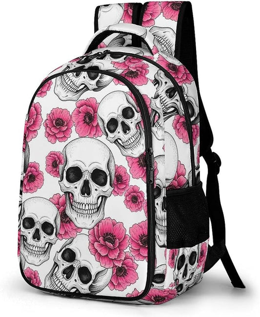 Lightweight Travel Daypack Pink Flowers Sugar Skulls, Cute Laptop Backpack with Tumbler Holder for Women Nurse Teacher Work Hiking