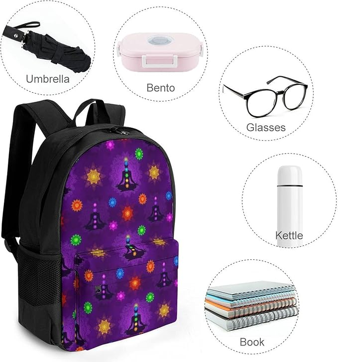 Men Women Lightweight Seven Chakra Yoga Meditation Lotus Purple Mandala Casual Daypack Large Capacity Bookbag With Adjustable Shoulder Straps for Gym Business Bicycle