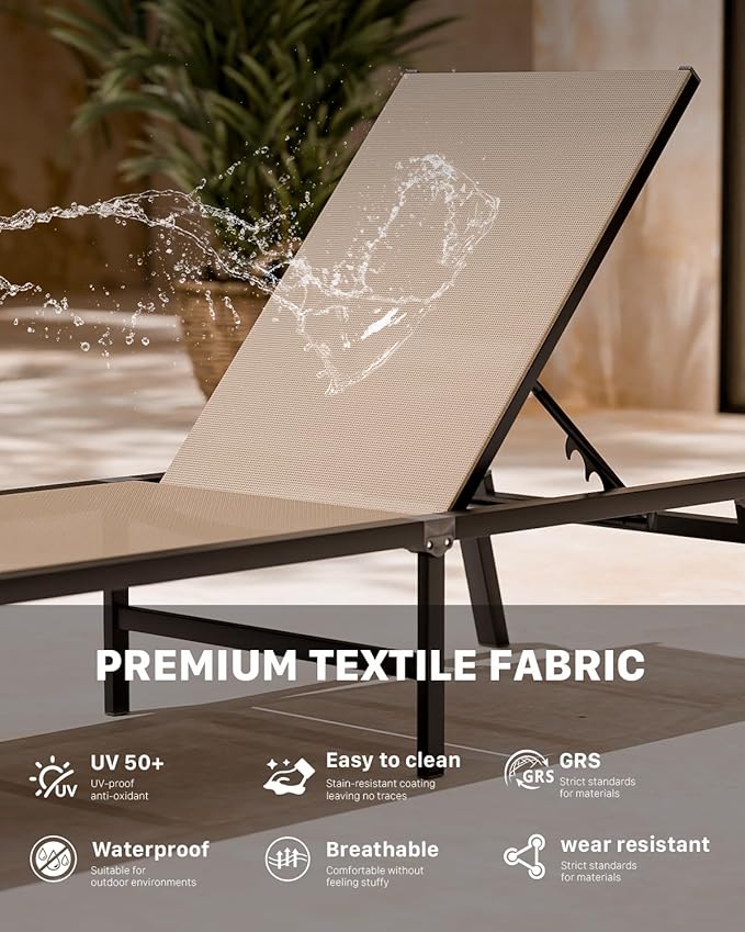 Aluminum Patio Chaise Lounge Chair Set of 2 with Side Table,5-Position Adjustable Backrest,Foldable Lounge Chair Outdoor,Pool Lounge Chairs for Poolside,Lawn,Deck,Beach (Khaki, 2 Pack+Table)