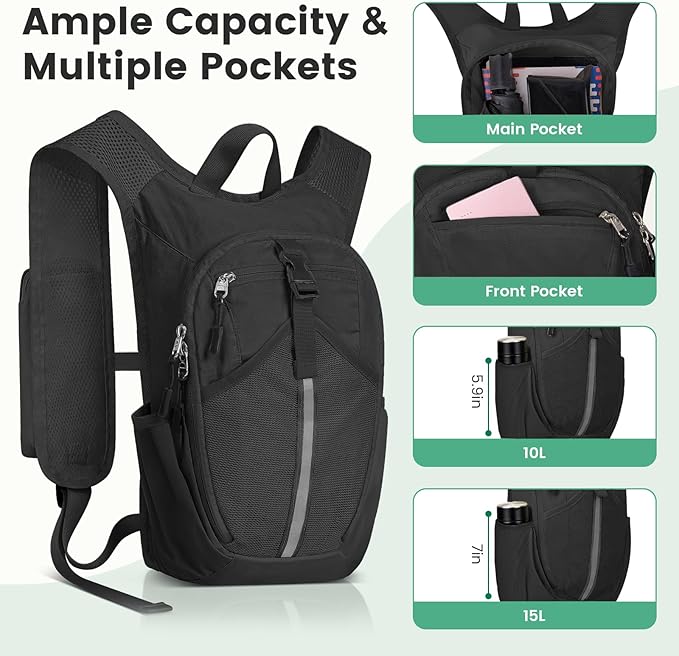 Small Hiking Backpack 15L-Lightweight Packable Foldable Backpack for Travel Camping Outdoor Commute,Compact Rucksack for Women Men(Black)