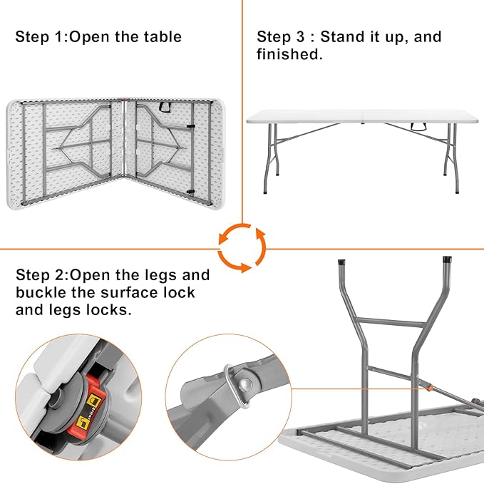 SKOK 330lbs Folding Picnic Table 8 Foot, 8FT Long Plastic Picnic Table Portable with Carry Handle, White Tailgating Utility Commercial Craft Table with Heavy Duty Frame for Party & Events
