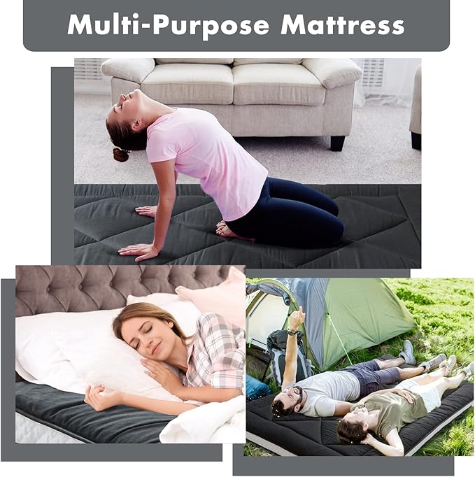 Japanese Folding Futon Mattress, Thicken & Portable Roll-Up Camping Mat, Black Full