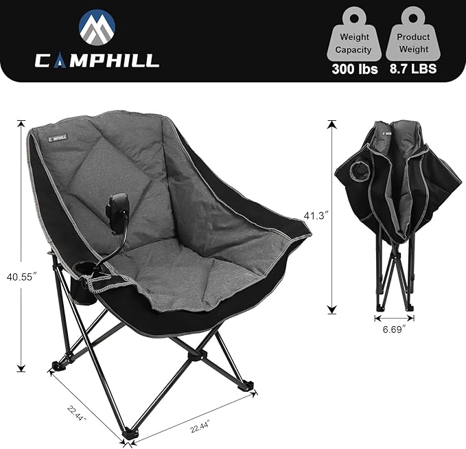 CAMPHILL Folding Camping Chair,Oversized Portable Camping Chair with Cup Holder and Phone Holder,Heavy Duty Padded Lawn Chair for Camping, Tailgates, Beach, and Sports