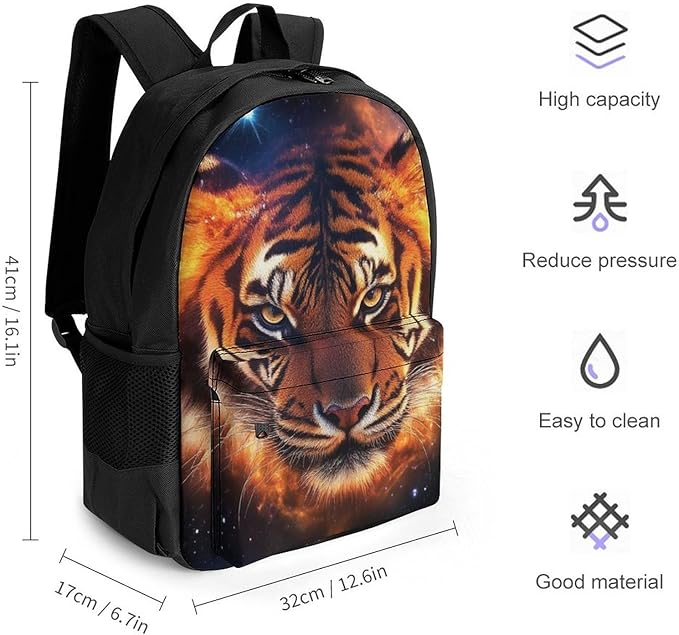 Backpack Polyester Anti-Theft Multipurpose Space Fire Flame Animal King Wild Angry Tiger Bookbag Large Capacity Laptop Book Bag Rucksack With Side Pockets