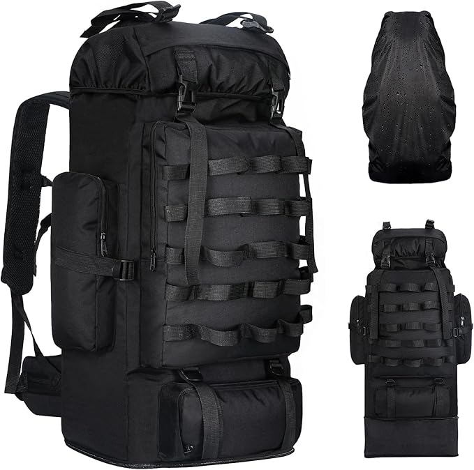 70L/100L Camping Hiking Backpack with Rain Cover, Expandable Large Military Tactical Backpack, Waterproof Molle Racksack Travel Backpacking Daypack for Climbing Trekking (Black)