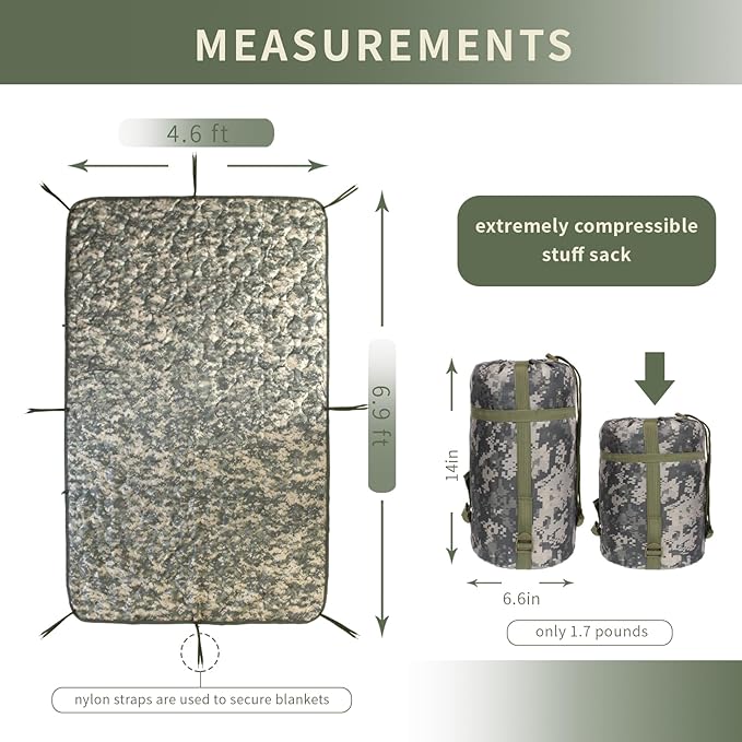 GRVCN Military Blanket - Camping Sleeping Bag with Zipper, Poncho Liner Thermal Insulated Blanket, Lightweight Portable Outdoor Hiking Survival Compression Carry Bag