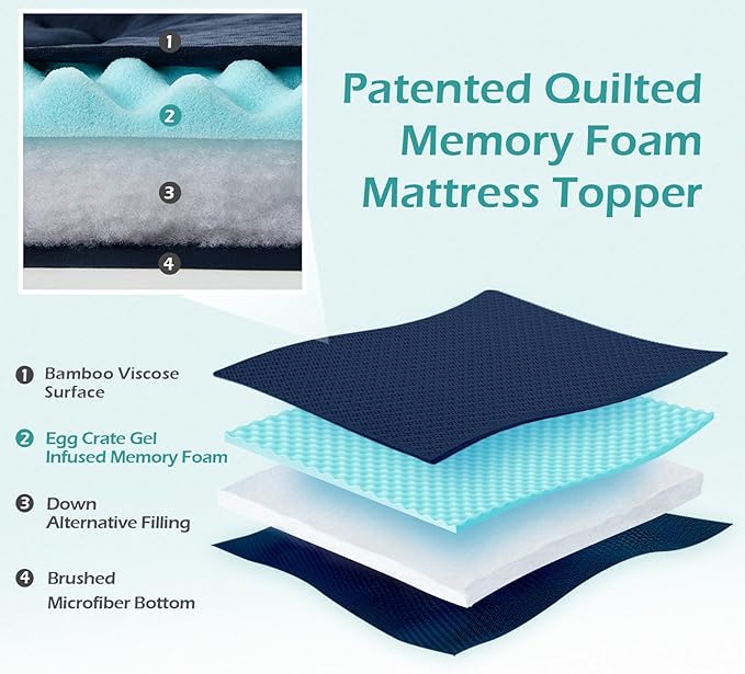 Hansleep Twin Mattress Pad Topper Memory Foam, Twin Foam Mattress Topper Viscose Derived from Bamboo, Twin Size Bed Mattress Pad Cover for Back Pain Relief, 39" x 75", Navy Blue