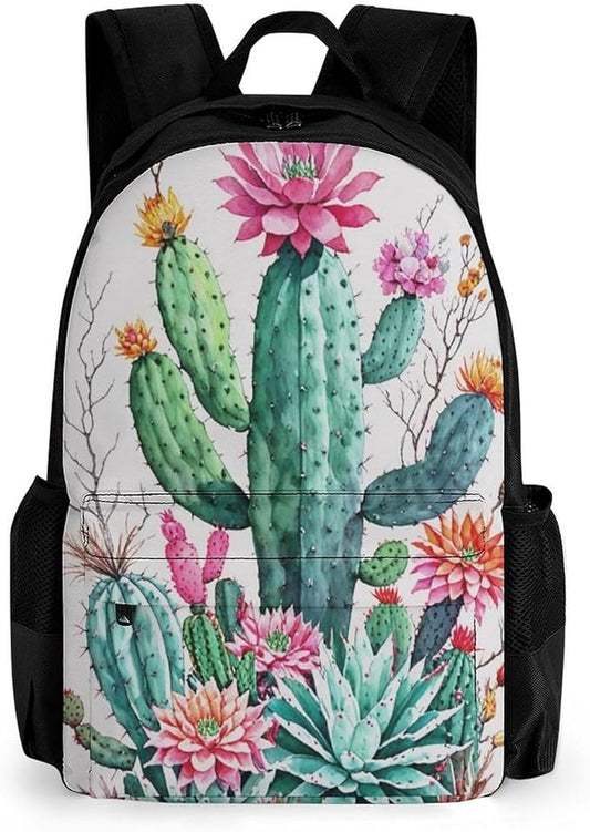 Men Women Polyester Natural Vintage Watercolor Bouquet Boho Style Cactus Succulent Flowers Twigs Daypack Backpack Large Capacity Carry On Bag With Smooth Zippers for Hiking Picnic Walking Cycling