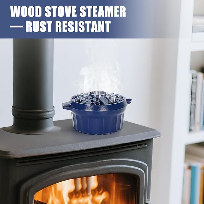 G GOOD GAIN Wood Stove Steamer - Cast Iron Round Bowl Fire Place Stove Humidifier Pot with Large Opening Top for Home Heating Decorative | Matte Finish & 2.7 Quart, Blue