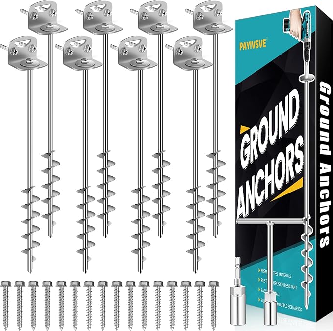 25" Ground Anchors Screw in, Mobile Home Anchors with Upgraded Wider Spiral Blades, Earth Shed Anchor High Wind Heavy Duty for Graden, Storage Shed, Trampoline, Carports, Swing Set(Silver-8x25in)
