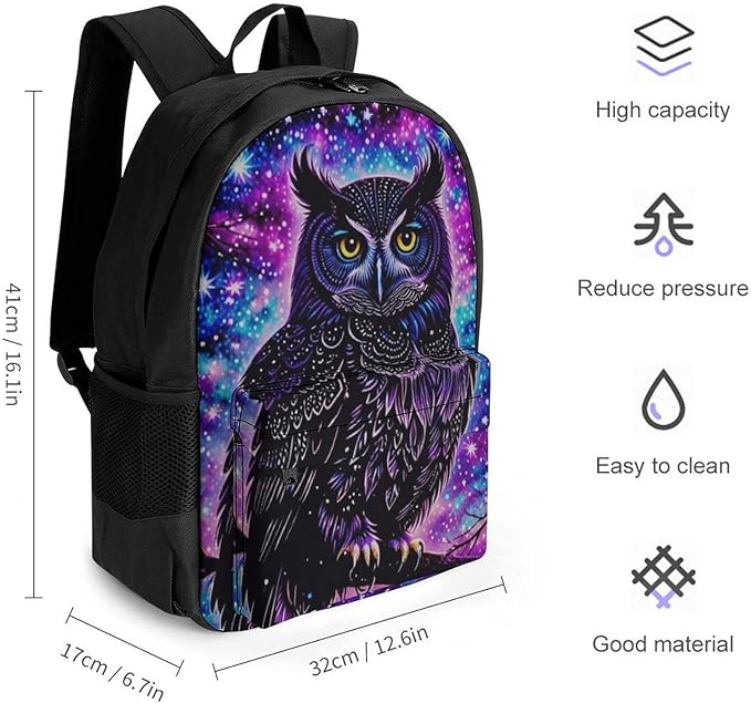 Men Women Polyester Galaxy Owl Daypack Backpack Large Capacity Carry On Bag With Smooth Zippers for Hiking Picnic Walking Cycling