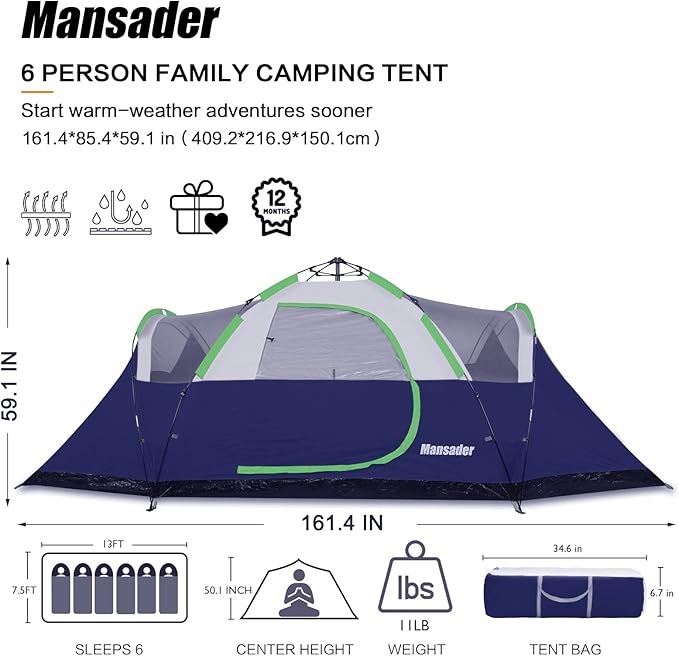 6 Person Family Camping Tent,Waterproof Windproof with Top Rainfly,Easy Set Up,Pop Up Tent for Outdoor Camping Hiking Trave