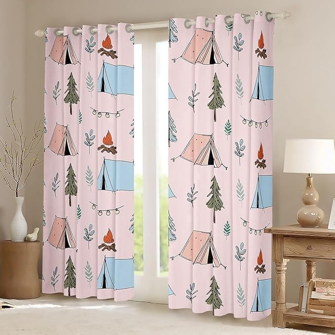 Feelyou Cute Pink Camping Camper Blackout Curtains Campfire Tent Darkening Drapes for Bedroom Living Room Decor Happy Camping Thermal Insulated Shades Window Treatments, 2 Panels 52 x 90 Inch