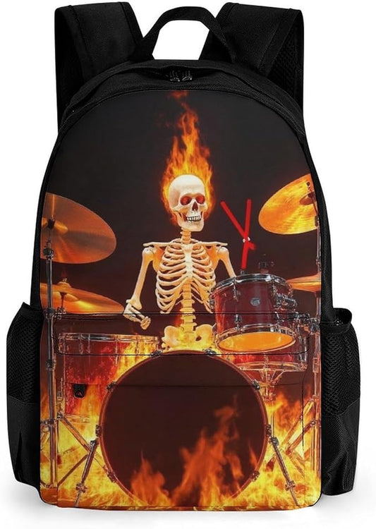 Lightweight Daypack Backpack for Trekking Work Running, Big Capacity Multipurpose Anti-Theft Bookbag, Rock Drum Fire Flame Skull Skeleton Business Computer Bag