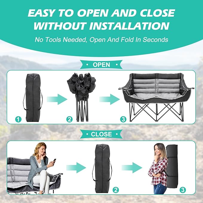 DoCred Double Camping Chair - Oversized Loveseat, 2 Person Camping Chair for Adults Heavy Duty,Two Person Folding Chair with Cup Holder, Supports up to 500 LBS for Outside Picnic Beach Travel
