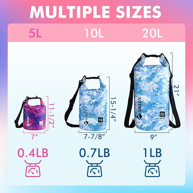 VILLEY Dry Bag Waterproof 5L Roll Top Storage Backpack, Keeps Gear Dry Lightweight Backpack for Kayaking Boating Camping Swimming and Beach Accessories Red Camo