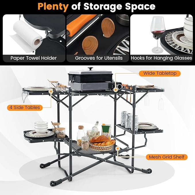 Goplus Camping Cooking Table, Outdoor Grill Table, Folding Camp Kitchen with Aluminum Tabletop, 4 Side Tables, Storage Rack, Portable Cook Station Prep Table for Outside Picnic BBQ RV Tailgate
