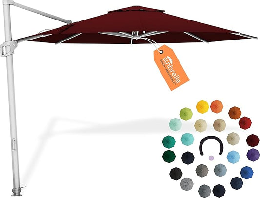 Midtown Umbrellas 10 Ft Outdoor Cantilever Patio Umbrella w/Sunbrella Burgundy Fabric - Tilt 360° Rotate Offset Patio Umbrella, Deck Patio Umbrella, Backyard Umbrella & Garden Umbrella - Silver Frame