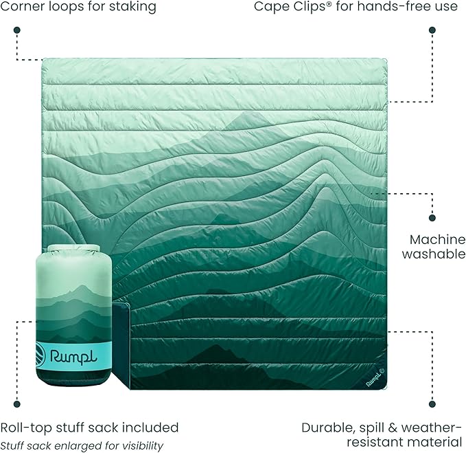 Rumpl Original Puffy Blanket - Warm Puffy Camping Blanket, 100% Recycled Polyester Insulation, Lightweight, Packable, Water-Resistant, Outdoor Puffer Blanket, 84"x80", Cascade Fade