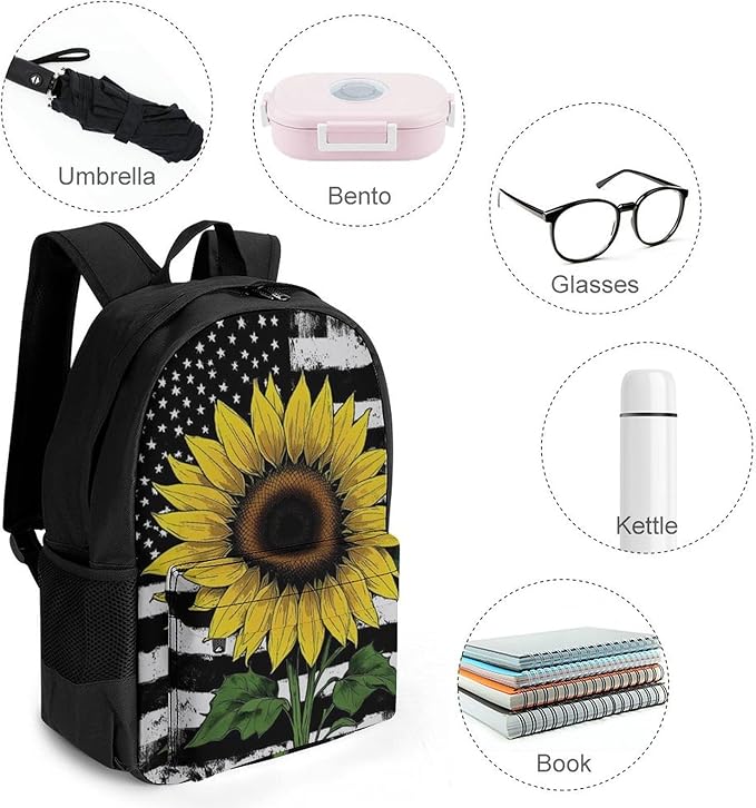 Supdreamc Men Women Lightweight American Thin Black Line Flag Sunflower Art Backpack Large Capacity Carry On Bag With Padded Straps for Sports Work Walking Cycling