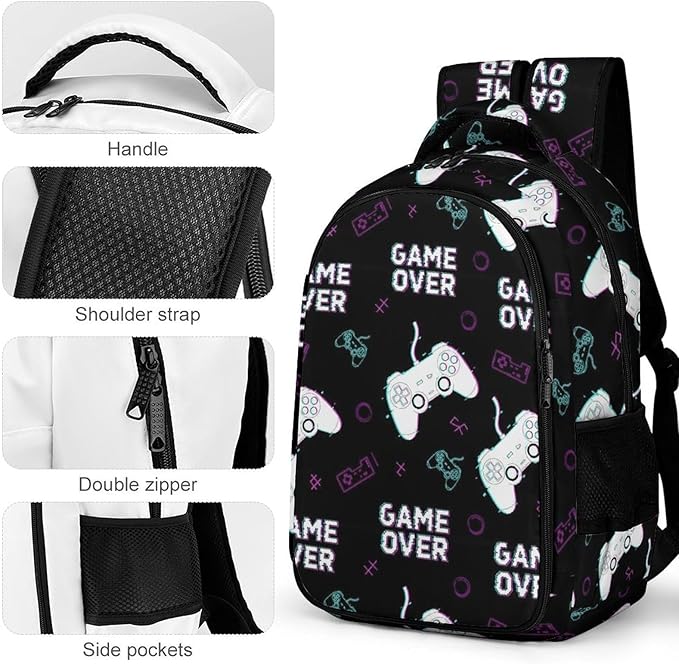 Large Capacity Laptop Backpack Cool Video Games Joystick Game over, Sturdy Water Resistant College Bookbag with Water Bottle Pockets for Business Travel Gifts