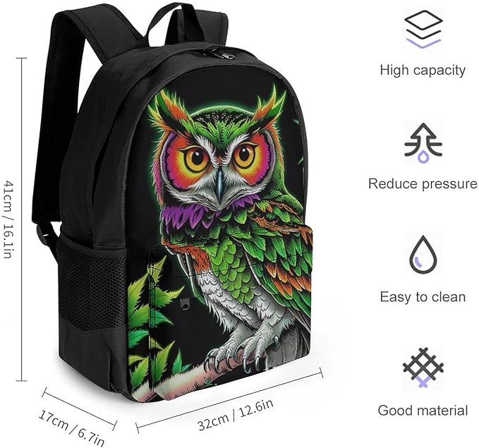 Men Women Lightweight Owl Green Weedleaf Art Casual Daypack Large Capacity Bookbag With Adjustable Shoulder Straps for Gym Business Bicycle