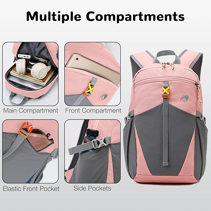 12L Hiking Backpack with Padded Straps for Kids, Waterproof Small Hiking Backpack with Chest Strap for Women, Mini Lightweight Kid Travel Backpacks Day Pack, Pink