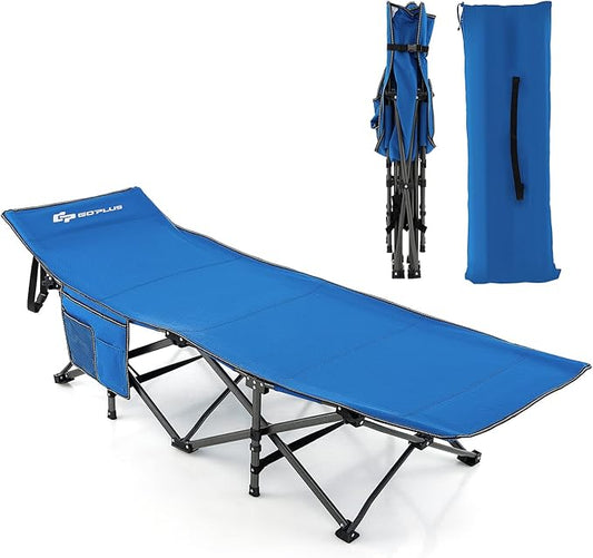 Goplus Folding Camping Cot, 27.5" Sleeping Cot for Adults with Carry Bag, 600LBS Weight Capacity, Slanted Head, Side Pocket, Heavy Duty Portable Camping Bed for Kids, Beach, Office Snap (Blue)