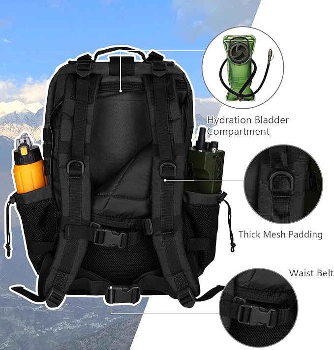 45L MOLLE Assault Backpack, Tactical Backpack Military Army Camping Rucksack with Bottle Holder, 3-Day Pack Trip w/USA Flag Patch, D-Rings, Black