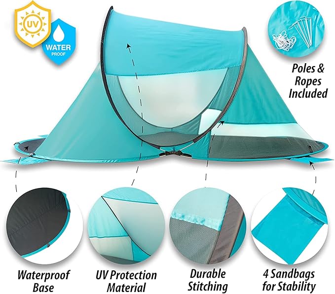 Vaygway Pop-up Tent and Automatic Instant Portable Cabana - Premium Quality 2-4 Person Easy Throw Setup Windproof Waterproof Travel Cabana Beach Tent Shelter- for Hiking, Camping & Outdoor Activities