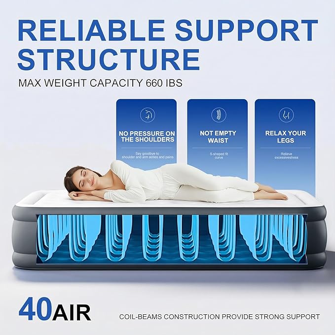 Queen Air Mattress with Built in Pump,18" Raised Blow up Air Bed,3 Mins Quick Self-Inflation/Deflation, Inflatable Mattress for Camping/Home/Guests/Travel (Gray)