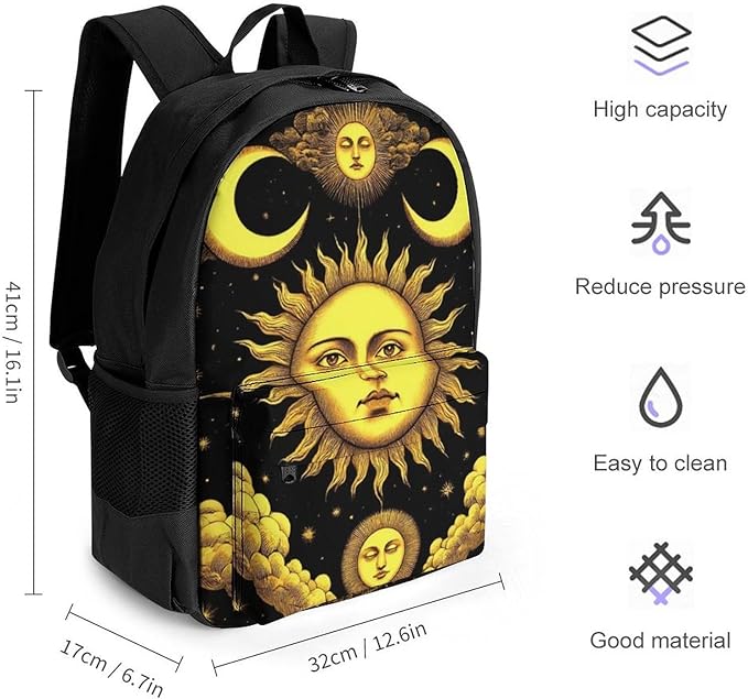 Polyester Daypack for Camping Travel Walking Cycling, Big Capacity Anti-Theft Multipurpose Bookbag, Sun Crescent Moon Stars Astrology Tarot Cards Camping Outdoor Backpack
