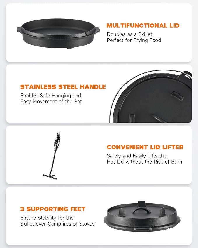 DARTMOOR 9 Quart Pre-Seasoned Cast Iron Dutch Oven with Lid and Lid Lifter Tool Outdoor Deep Camp Pot for Camping Fireplace Cooking BBQ Baking Campfire 9 QT