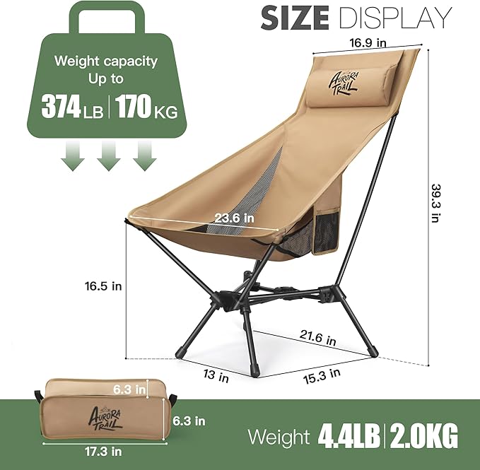 Compact Folding Camping Chair,Backpacking Chair,Supports 374lbs,Portable Travel & Hiking Chair,Lightweight Design,Perfect for Hiking Gear, Picnics and Traveling