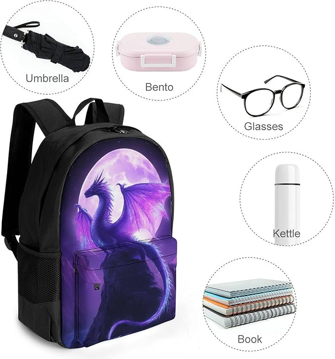 Adults Lightweight Purple Dragon Art Rucksacks Large Capacity Bookbag With Adjustable Shoulder Straps for Trekking Outdoors Bicycle