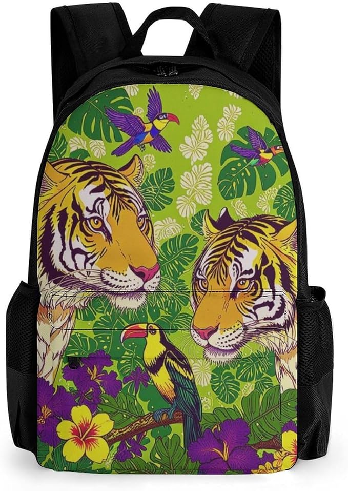 Supdreamc Daypack Backpack Polyester Anti-Theft Multipurpose Tropical Floral Wild Animals Tigers Parrot Green Bookbag Big Capacity Travel Hiking Camping Rucksack With Smooth Zippers