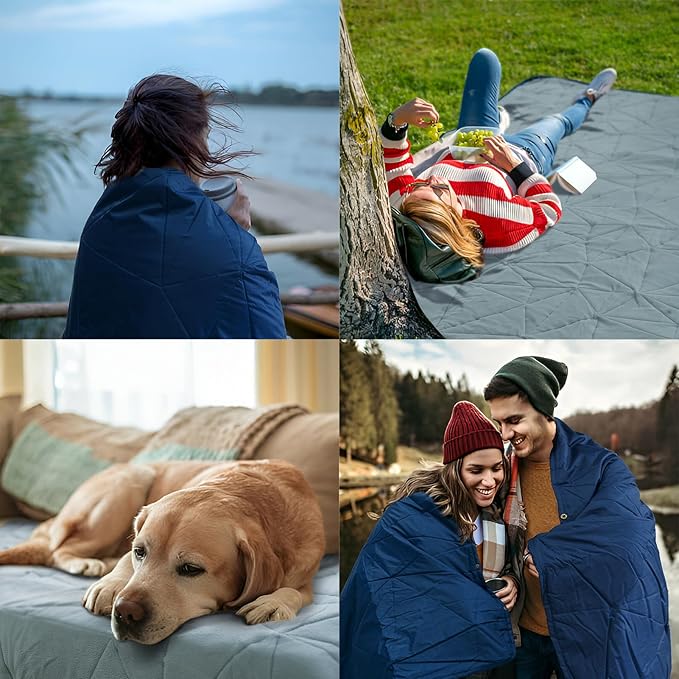 Outdoor Waterproof Blanket, Foldable Fleece Stadium Blanket for Outdoor Sports Event, Camping, Car, Pet, Picnics - Windproof, Wearable, Machine Washable 80" x 58" (Dark Blue)