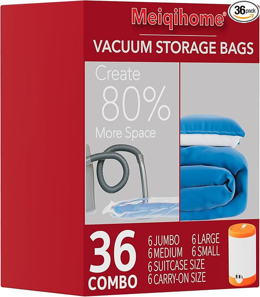 MEIQIHOME Vacuum Storage Bags, Space Saver Sealer Bags,Vacuum seal bags for clothing, Pillows, Comforters, Blankets, Bedding,Travel,36 Pack With Electric Pump