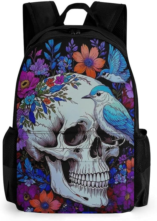 Polyester Daypack Backpack for Trekking Picnic Walking Cycling, Large Capacity Anti-Theft Multipurpose Shoulder Bag, Hippie Skull Florals Bird Art Casual Daypack