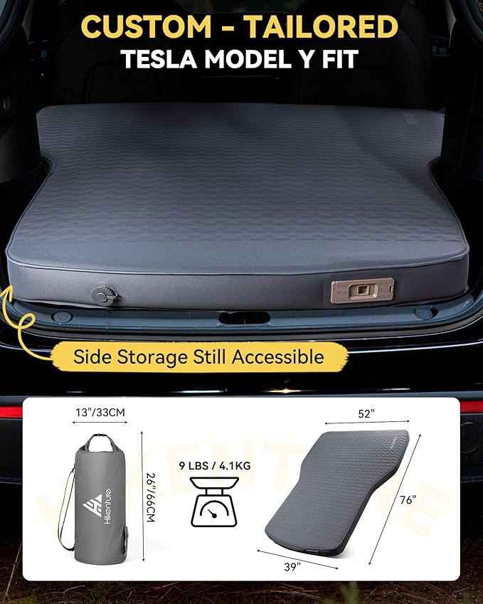 Hikenture Camping Mattress for Tesla Model Y, Electric Pump Self Inflating Sleeping Pad, 4” Thick Foam & Air Model Y Mattress Bed, 9.5 R-Value Insulated Camping Pads for Tesla