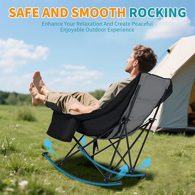 Oversized Rocking Camping Chair for Adults - Padded Recliner Rocker - Folding Lawn Chair with Cooler Bag and Pockets - Portable Rocker Chair Outdoor for Camp Patio Backyard