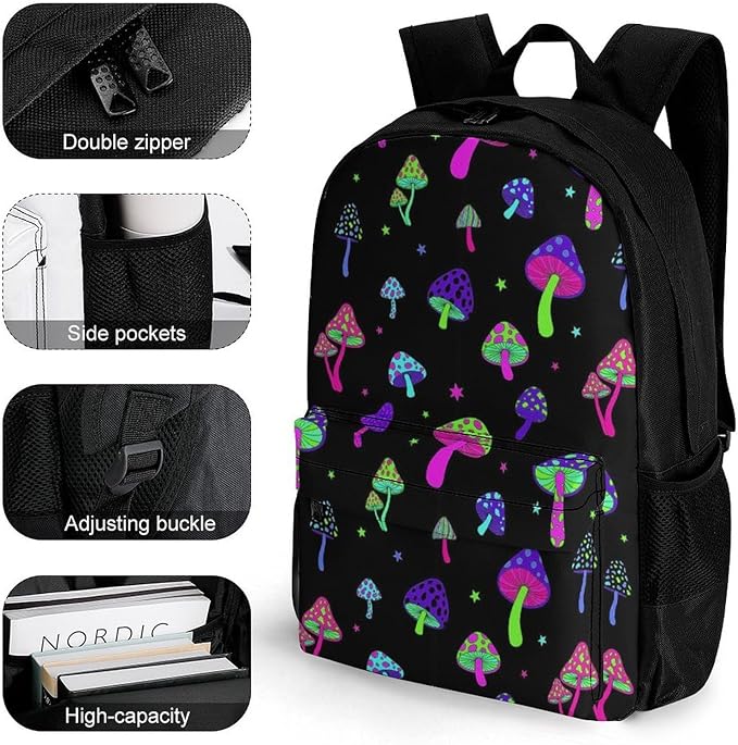 Men Women Lightweight Rainbow Colorful Neon Mushrooms Casual Daypack Big Capacity Bookbag With Padded Straps for Gym Travel Walking Cycling