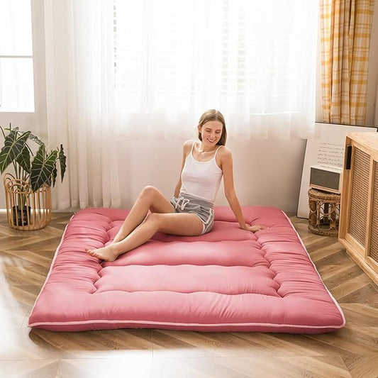 MAXYOYO Japanese Floor Mattress Futon Mattress, Thicken Sleeping Pad Foldable Roll Up Floor Futon for Adults Tatami Mat Dormitory Bed Lounger, Pink, Queen Size