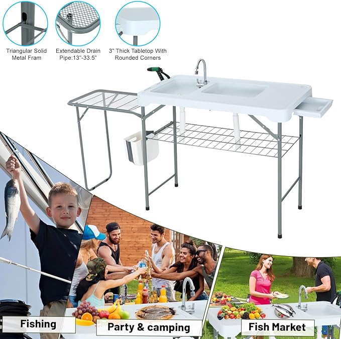 Nice C Fish Cleaning Table with Sink, Fish Skinning Table with 2 Sinks, w/Side Table, Faucet & Spray Nozzle, Toolkit, Portable Cleaning Station for Fishing, BBQ, Camping, Backyard Prep (White)