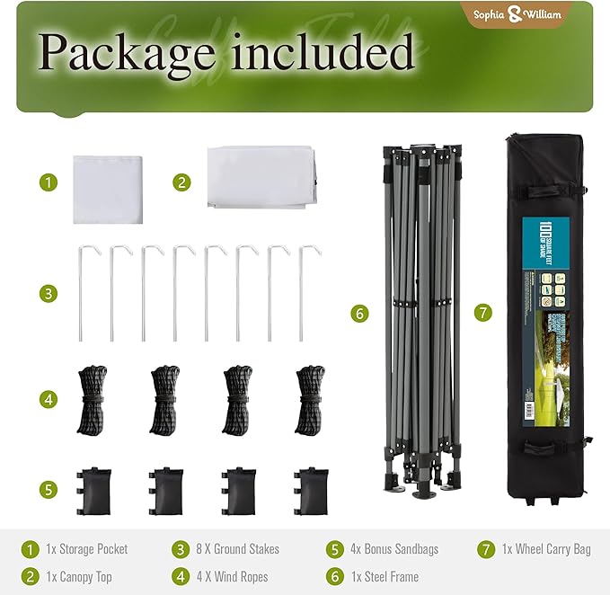 Sophia & William Canopy Tent Pop Up 10x10 ft, One Person Push Set Up Tent, Outdoor Canopies Shelter Heavy Duty Straight Legs with 4 Sandbags & Guy Ropes, 1 Roller Bag & Storage Bag, 8 Stakes, UPF50+