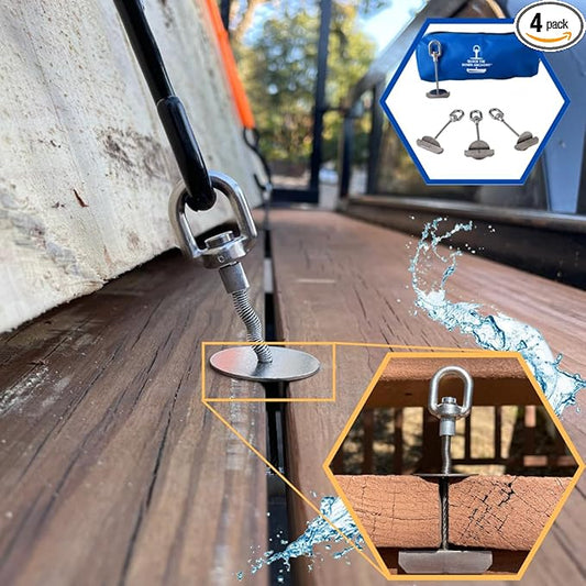 4pcs Trailer, Deck or Dock Anchors for Gap Between Boards - Marine Grade 316 Stainless Steel - 1200LB Break Strength - Reusable Alternative to D-Rings - Easy Tie Down Anchors